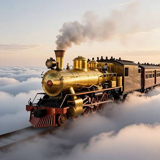 Golden vintage steam locomotive with black accents flying through fluffy clouds at sunset, emitting billowing smoke, in a dreamy, surreal scene.