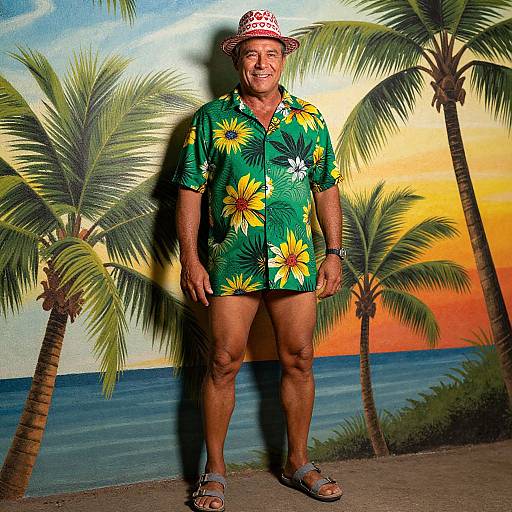 Photograph of a middle-aged man in a green Hawaiian shirt with yellow sunflowers, red-and-white hat, and shorts, smiling against a tropical beach