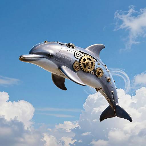 Digital artwork of a silver dolphin with gold gears on its side, flying through a bright blue sky with fluffy white clouds.