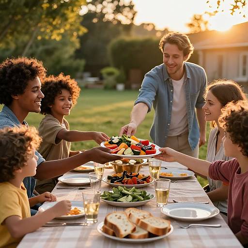 Multiracial family with curly-haired children and a smiling father serving a colorful salad at a sunset outdoor dinner table.