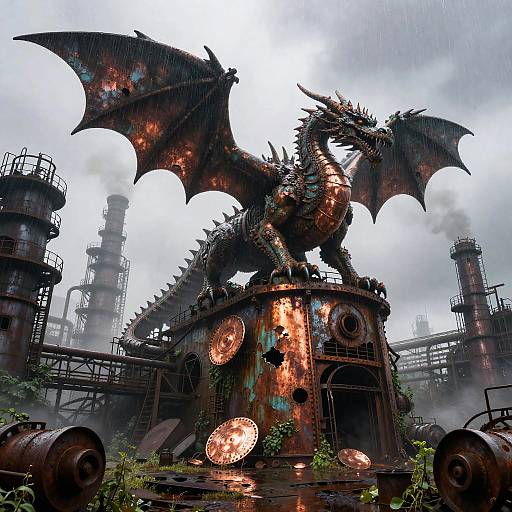 Rusted Iron Dragon Over Factory Smokestacks