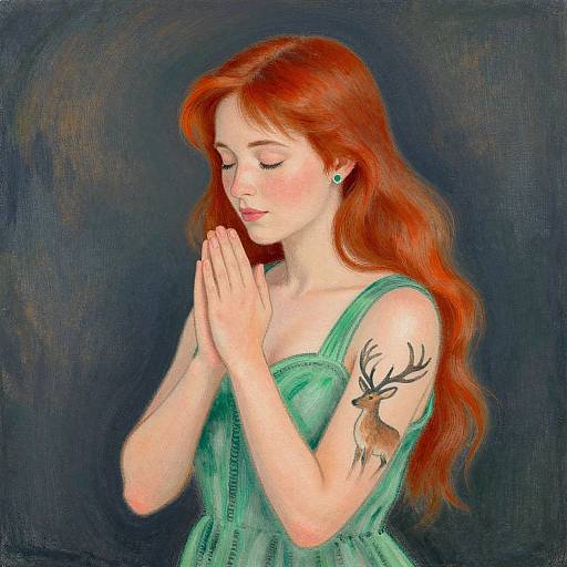 Digital painting of a fair-skinned, red-haired woman with closed eyes, hands in prayer, wearing a green dress, displaying a deer tattoo on her