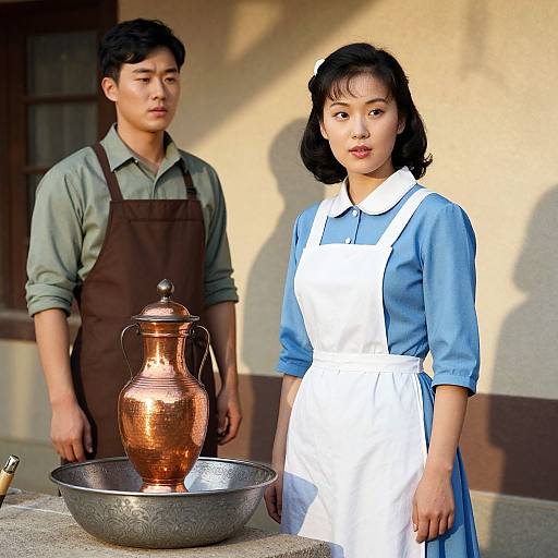 Photograph of an Asian woman in a blue dress with white apron, next to a man in green shirt and brown apron, standing beside a