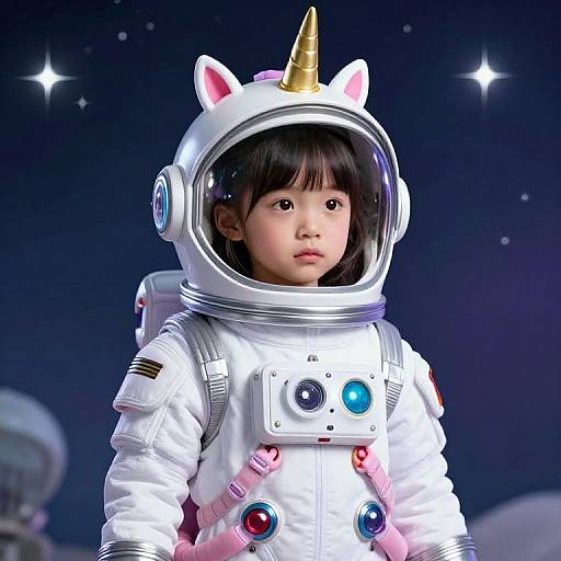 Photograph-style CGI of an Asian child in a white astronaut suit with unicorn helmet, set against a starry space background.