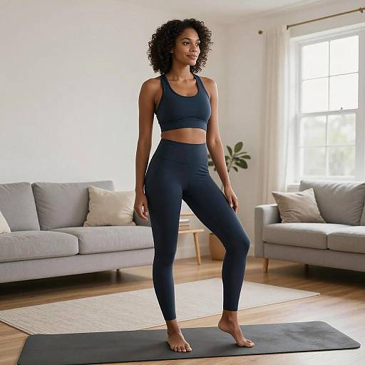 Photograph of a fit, African-American woman with curly hair, wearing black sports bra and leggings, standing on a yoga mat in a bright, modern