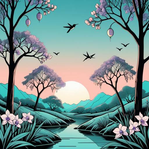 Stylized Sunset Landscape with Birds and Blossoming Trees