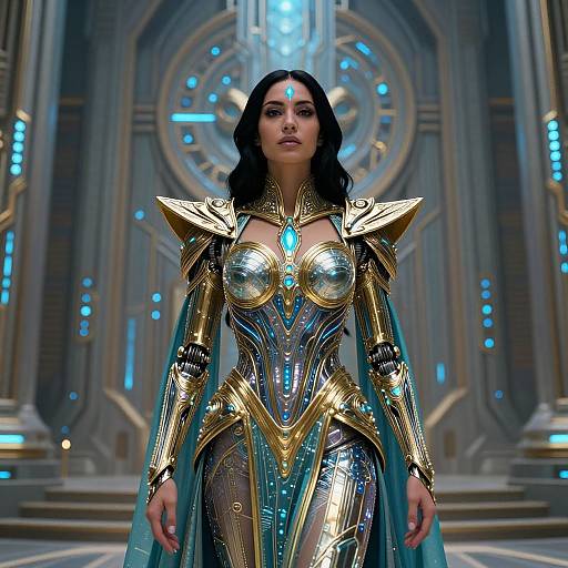 CGI image of a dark-haired woman in futuristic, metallic armor with gold and blue accents, standing in a sci-fi temple with glowing blue lights.