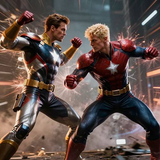Photograph of two muscular superheroes in metallic suits, one blue and gold, one red, sparking with energy in a smoky, industrial background.