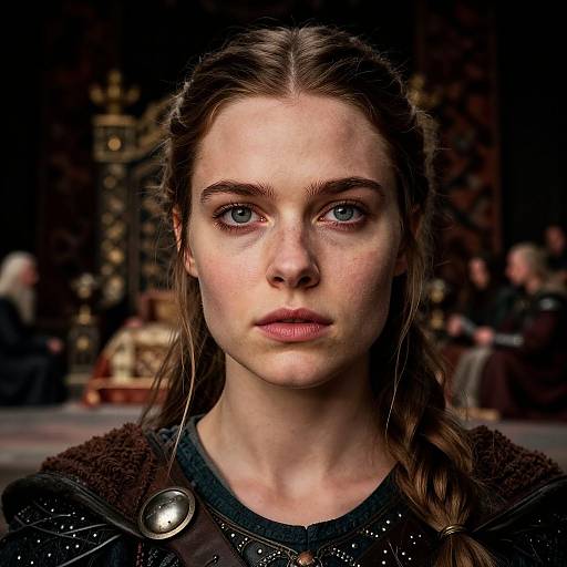 Photograph of a fair-skinned young woman with blue eyes, braided brown hair, serious expression, wearing a dark, textured cloak, against a