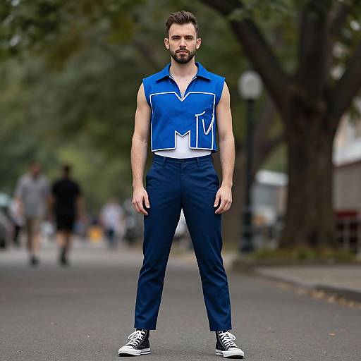 Photograph of a muscular, bearded man with short brown hair, wearing a blue sleeveless shirt, black pants, and black sneakers, standing confidently