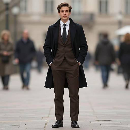 Photograph of a young, white man with short brown hair, wearing a black overcoat, brown suit, white shirt, black tie, standing hands