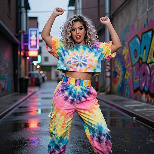 Tie-Dye Woman Dancing in Neon Alley