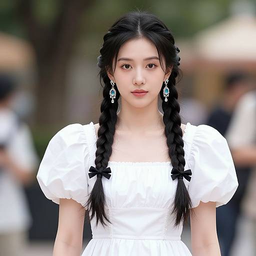 Photograph of an East Asian woman with long black braids, wearing a white puffed-sleeve dress, black bow accents, and dangling earrings