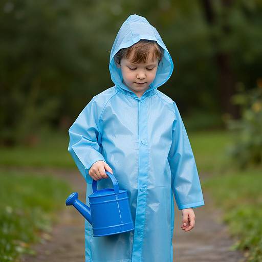 Photograph of a young boy with brown hair, wearing a light blue raincoat and hood, holding a blue watering can, standing on a grassy