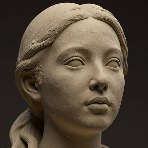 Photograph of a detailed, lifelike clay bust of a young girl with smooth skin, closed eyes, and gentle smile, featuring realistic hair texture