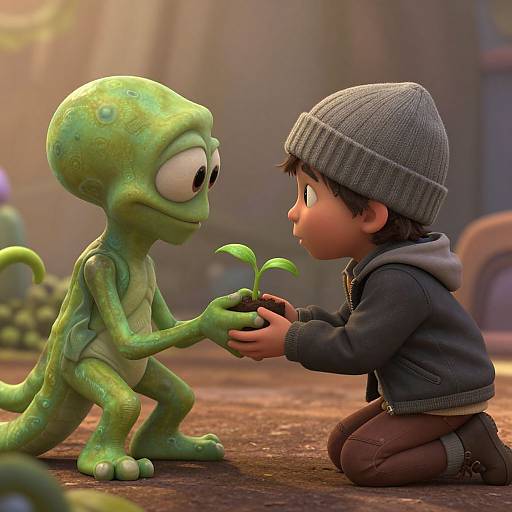 CGI image of a green, cartoon chameleon holding a plant, kneeling before a young boy in a gray beanie and hoodie.