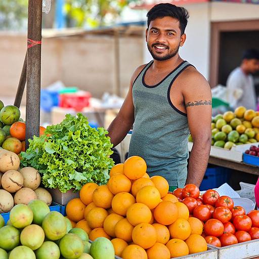 Photograph of a smiling, muscular Indian man with short black hair, wearing a gray tank top, standing at a vibrant fruit market stall with oranges,