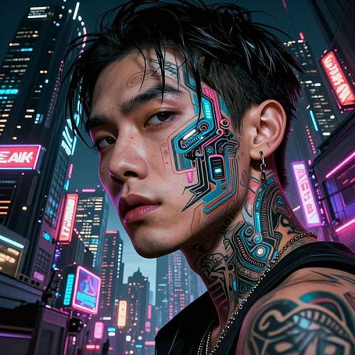 Cyberpunk portrait of a tattooed Asian man with neon face markings in a vibrant, neon-lit city street at night.
