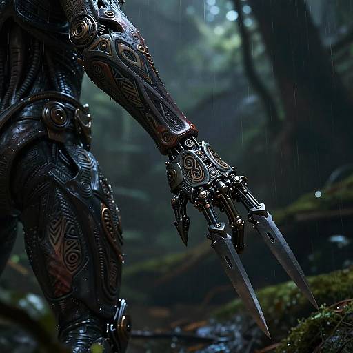 Digital art of a cybernetic creature with intricate, black, glowing arm armor, three sharp claws, standing in a rainy forest. Dark, mo