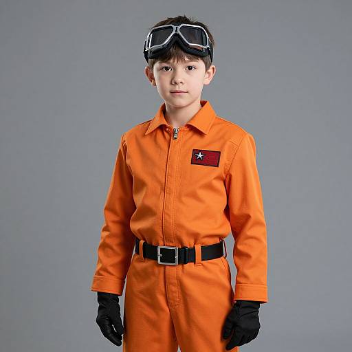 Photograph of young Asian boy in orange jumpsuit, black gloves, belt, and goggles, standing against gray background. Star patch on chest. Serious