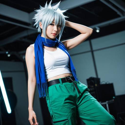 Cosplay Woman with White Spiky Hair and Blue Scarf