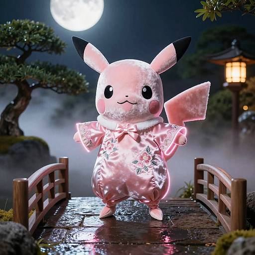 Photograph of a glowing Pikachu in a pink, floral-patterned kimono, standing on a wooden bridge at night under a full moon.