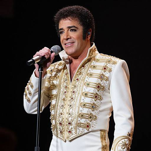 Photograph of an older, dark-haired male singer with medium skin tone, wearing a white, gold-embellished jacket, holding a microphone,