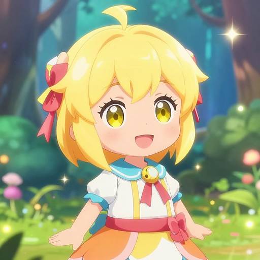 Playful Blond Anime in Magical Forest
