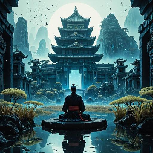 Elder Samurai Meditating at Ancient Temple