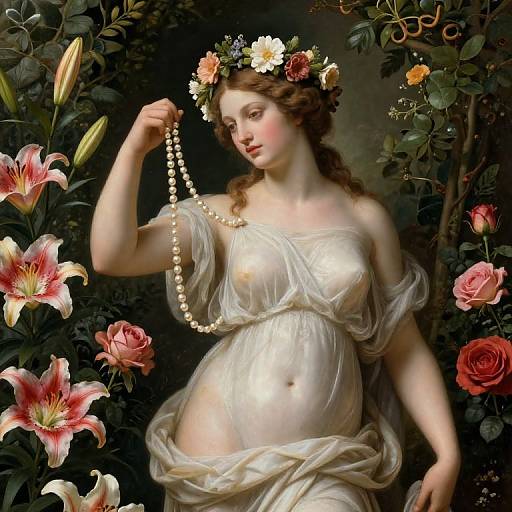 Digital painting of a pregnant, fair-skinned, rosy-cheeked woman with brown hair, wearing a floral crown and sheer white dress, holding