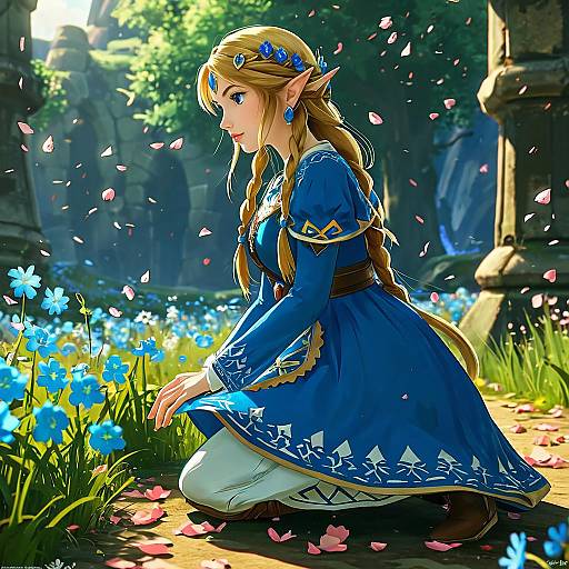 Digital art of a blonde, elven woman in a blue dress, kneeling amid blue flowers, sunlight filtering through a forest glade.
