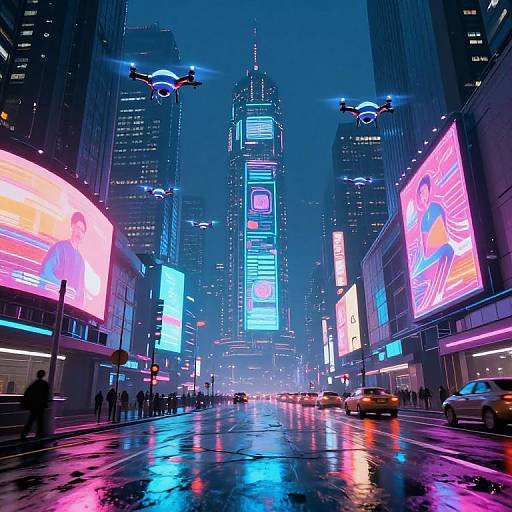 Neon-lit, futuristic city street at night, wet pavement reflecting colorful billboards, flying drones, and towering skyscrapers. Bright, vibrant