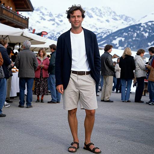 Photograph of a casually dressed man with curly brown hair, white t-shirt, beige shorts, black jacket, and sandals, standing in a crowded outdoor