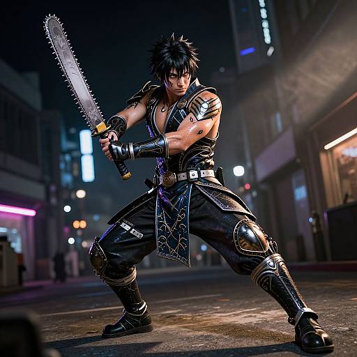 Digital artwork of a muscular, black-haired anime warrior in a dark, armored outfit wielding a glowing chainsaw in a neon-lit, urban night scene