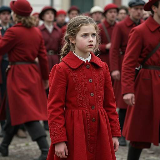 Photograph of a serious young girl in a red embroidered coat, surrounded by adults in matching red coats and hats, outdoor setting.