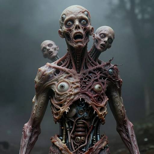 Photorealistic CGI of three grotesque, humanoid creatures with exposed organs, vacant eyes, and twisted, flesh-like textures in a misty forest.