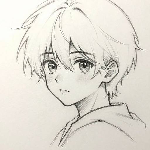 Black and white manga-style drawing of a young boy with short, tousled hair, large eyes, and a gentle expression, looking over his shoulder.