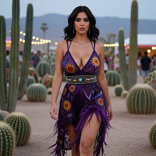 Photograph of a curvy woman with dark hair in a deep purple, sunflower-patterned, fringe dress, walking through a desert with cact