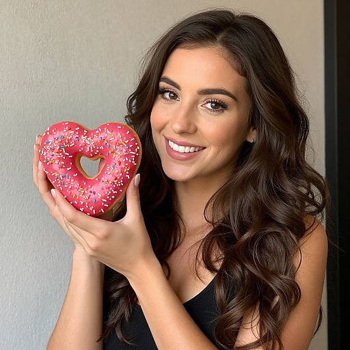 Photograph of a smiling woman with long, wavy brown hair, holding a pink heart-shaped donut with white sprinkles, wearing a black top