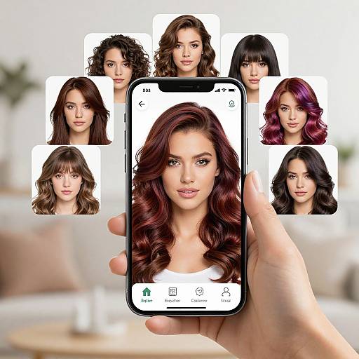 Photograph of a hand holding a smartphone displaying a central portrait of a woman with red hair, surrounded by six smaller portraits of women with various hairstyles and