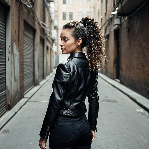 Woman with Curly Ponytail in Leather Jacket