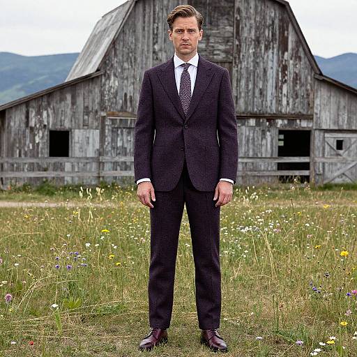 Photograph of a serious, handsome man in a dark suit and tie standing in front of a weathered wooden barn in a grassy meadow with