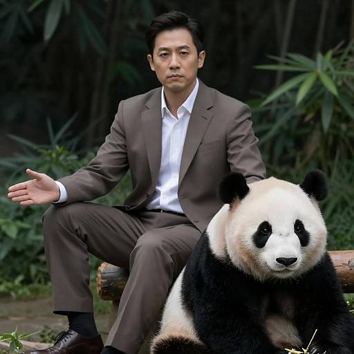 Man in Brown Suit Riding Panda