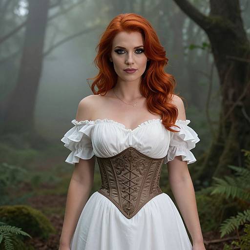 Photograph of a fair-skinned, red-haired woman with wavy hair, wearing an off-the-shoulder white dress with a brown corset