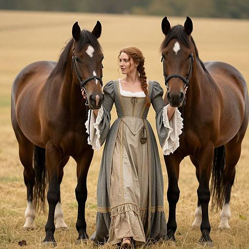 Woman with Horses in Yellow Field