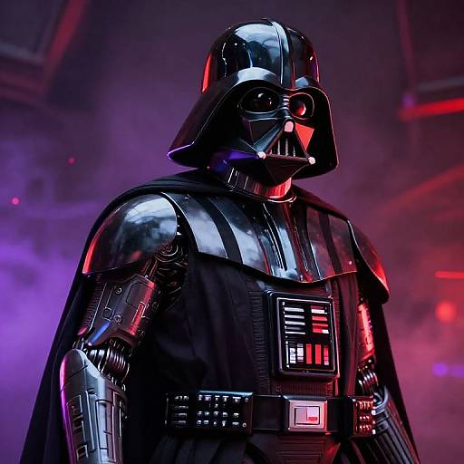 Photorealistic CGI of Darth Vader in glossy black armor with red lights, standing in a smoky, purple-lit space background.