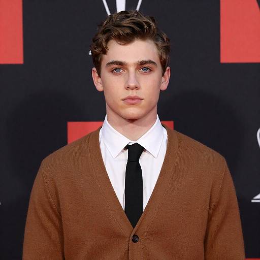 Young Man in Cardigan with Geometric Background