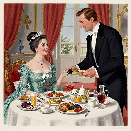 Digital illustration of a Victorian-era couple having breakfast in an ornate, red-curtained room. The woman in a green gown and tiara smiles
