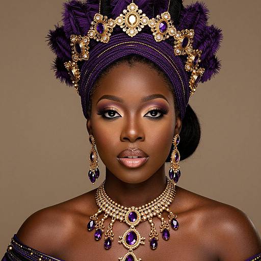 Photograph of a dark-skinned woman with striking purple headdress, adorned with gold and purple gemstone jewelry, against a beige background.