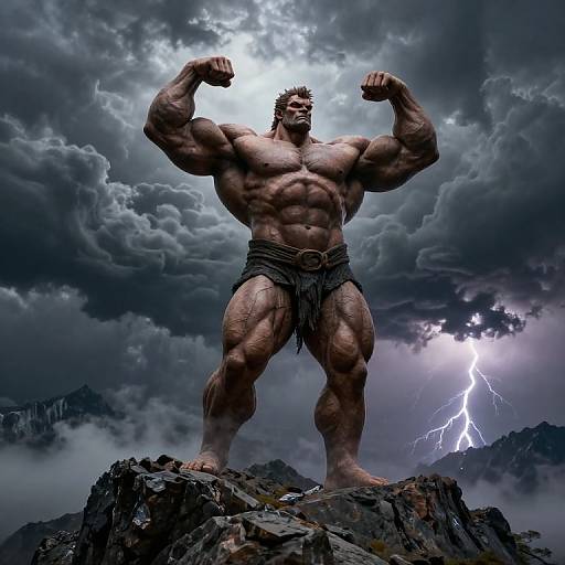 Hyper-muscular, shirtless man with dark hair and beard, flexing biceps on rocky mountain, thunderstorm, lightning, dramatic clouds,